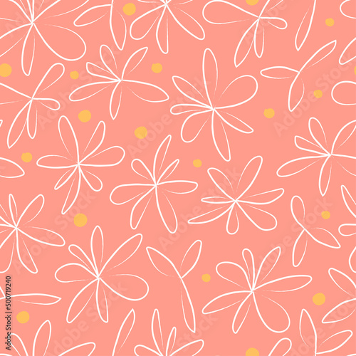 Cute seamless pattern with leaves and flowers. Minimal vector illustration template for your design. Template for textiles, packaging, paper on a pink background.
