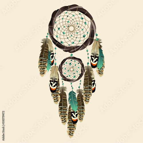 Illustration with dreamcatcher. Feathers and beads. Ethnic design, mystic tribal symbol.