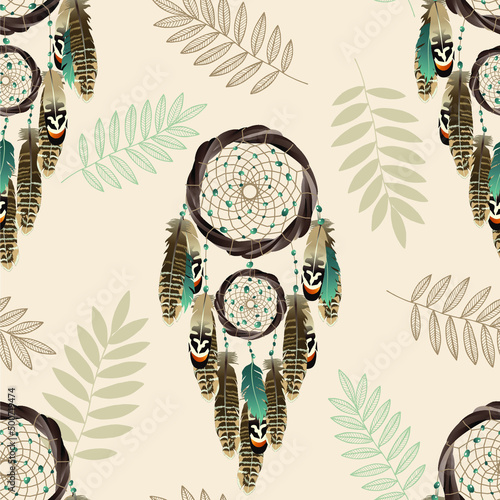 Seamless pattern with dreamcatcher with feathers. Ethnic design, mystic tribal symbol. 