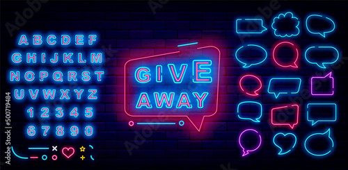 Giveaway neon signboard. Surprise and gift concept. Speech bubbles collection. Shiny blue alphabet. Vector illustration