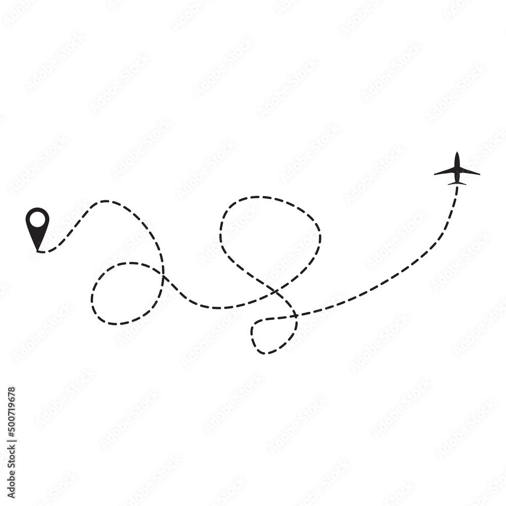 Airplane routes. Travel from start point and dotted line tracing.Passenger aircraft dotted route line the way.Outline vector illustration. Isolated on white background. Airplane routes. Travel from start point and dotted line tracing.Passenger aircraft dotted route line the way.Outline vector illustration. Isolated on white background.