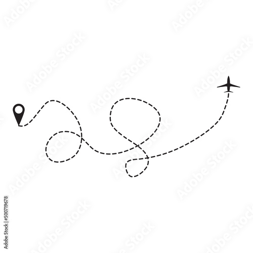 Airplane routes. Travel from start point and dotted line tracing.Passenger aircraft dotted route line the way.Outline vector illustration. Isolated on white background.