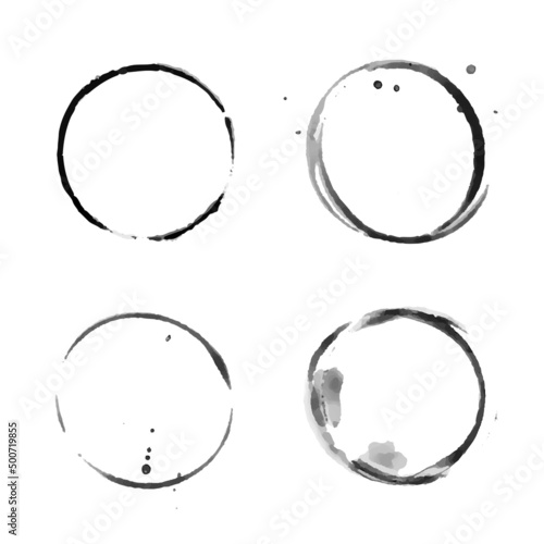 Coffee cup circle black vector stains. Round ring grunge stain. Wet cup mark and splatter. Black ink circle stains. Bottle glass or water drink marks