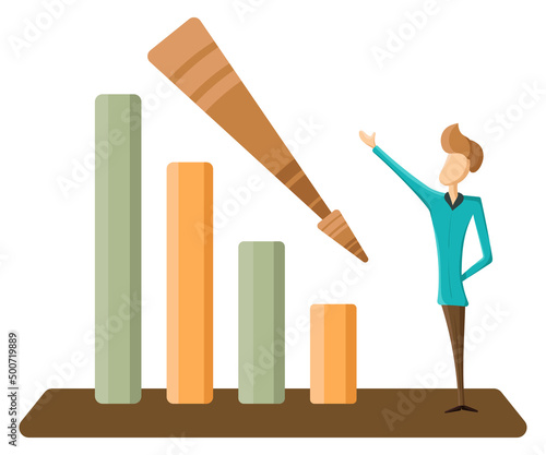 Man on the background of a financial chart with an arrow going down. He points to the economic fall of the market, the chart goes down, crisis, bankruptcy, stocks. Vector flat cartoon illustration.