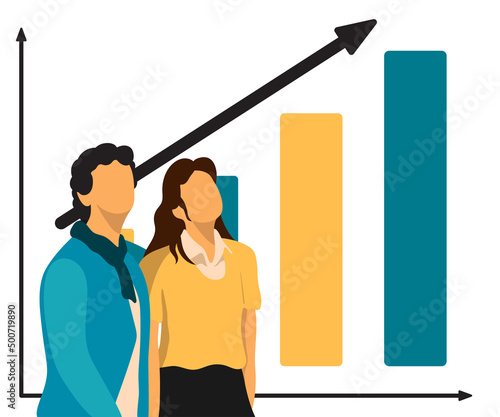 Man and woman on the background of a financial chart with an arrow up. Family economic growth after a pandemic, crisis, slump. Investments, savings, budget planning. Vector flat illustration.