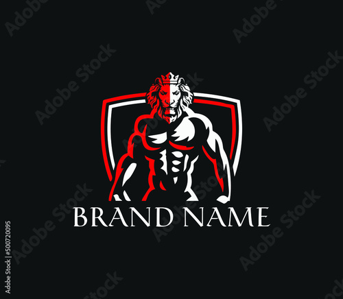 sport strong bodybuilder lion, illustration, vector with shield