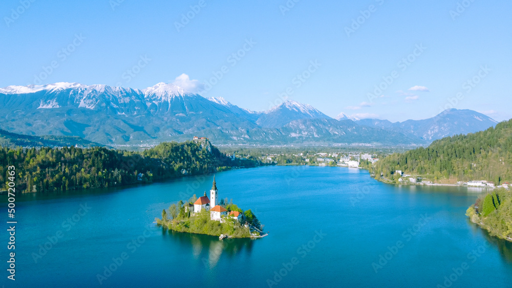 Beautiful island in the middle of Apline lake, Bled, Slovenia