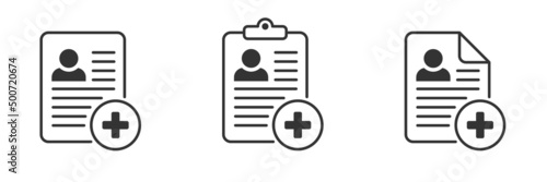 Medical card icon. Insurance card. Medical record, diagnosis. Add file. Profile symbol. Document. Vector.
