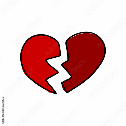 Doodle broken heart. Hand-drawn red love symbol isolated on white background. Cute greeting card Heart. February 14, wedding, feeling, medicine, Valentines Day, divorce sign. Vector illustration