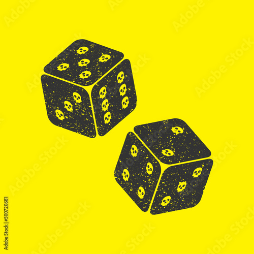 Ludo dice marked with skulls. Grunge texture. Isolated on a yellow background. Vector illustration.