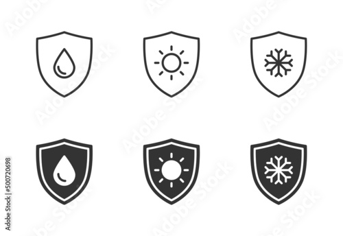 Waterproof, sun protect, frost protect icon. Shiel sign. Frost resistance, water resist. Vector illustration. photo