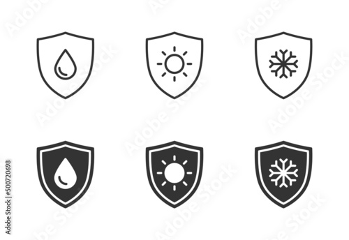 Waterproof, sun protect, frost protect icon. Shiel sign. Frost resistance, water resist. Vector illustration.