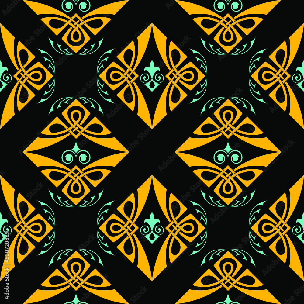 Seamless abstract, colored pattern on a black background from elements in the Arabic, Asian style. Seamless abstract, colored pattern on a black background from elements in the Arabic, Asian style.