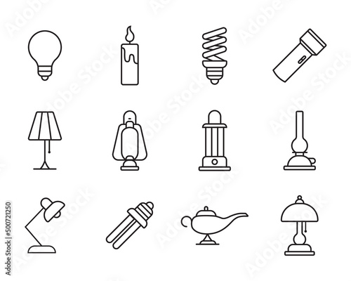 Set of Simple Lamps Line Icon Design.  Contains such Icons as Table Lamp, Floor Light, Spotlight and more.