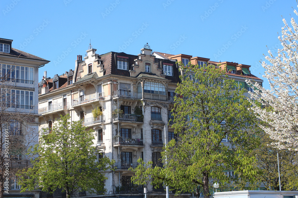 Beautiful multistory historic apartment building in the city center of Generva (Switzerland) in spring