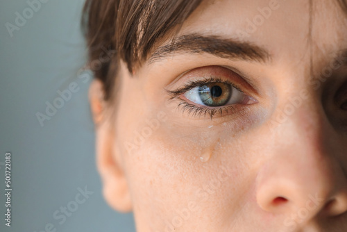Fototapeta Naklejka Na Ścianę i Meble -  Tears on woman face, beauty girl cry on black background.