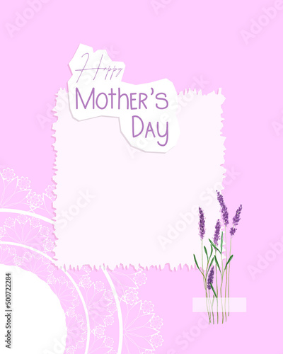 Happy Mothers Day collage pink postcard vintage style, lavender and lace doily, scrapbooking, for congratulations, place to insert. High quality illustration