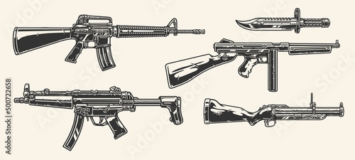 Stampa su tela Military weapons vintage monochrome set