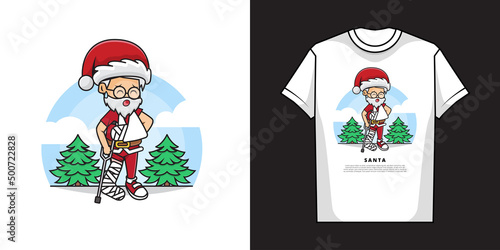 Cartoon Character of Cute Boy Santa Claus with a Gesture of Fractured Arm and Leg and T-Shirt Mockup Design