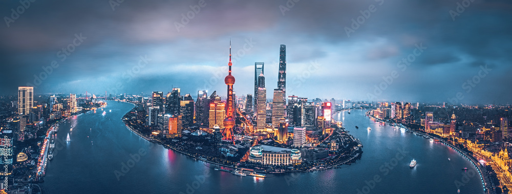Shanghai skyline at night - obrazy, fototapety, plakaty 