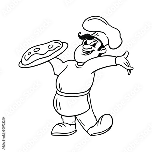 Italian chef with a pizza. Pizzaiolo vector illustration.