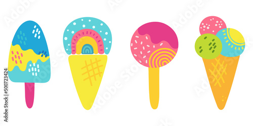 Summer bright set of various delicious ice cream including lolly ice, cones with different topping and fruit ice