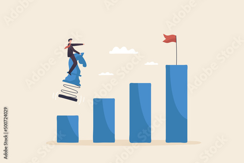 process of success, business goals, promotion to a higher level or business growth. Businessman riding chess jumps to the goal or flag atop the graph.