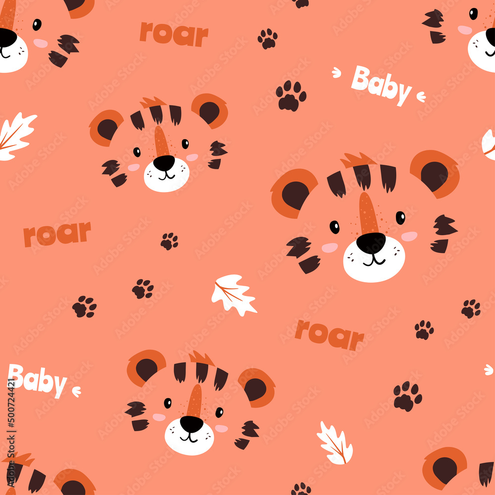 Obraz premium Cute baby pattern with tiger. Traces from the paws of a predator. Illustration with inscriptions Beby and Roar. Vector seamless pattern with animals for children's clothes on an orange background