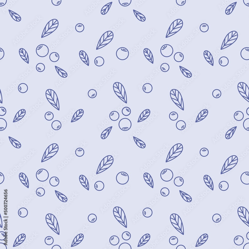Seamless vector pattern with cute hand drawn blueberry and leaves. Vintage fruity theme texture. Outline botanical background for wrapping paper, print, gift, fabric, wallpaper, textile, packaging.