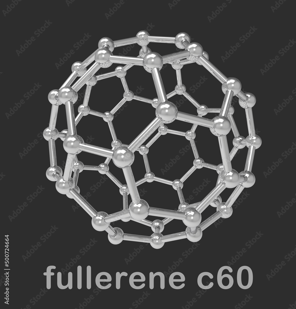 Fullerene C60 ball and stick model 3D nano chemistry structure illustration on white background. 3D rendering of Fullerene or Buckminsterfullerene Molecule