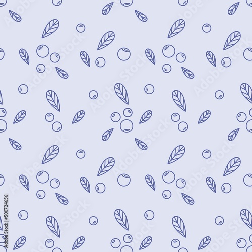Seamless vector pattern with cute hand drawn blueberry and leaves. Vintage fruity theme texture. Outline botanical background for wrapping paper, print, gift, fabric, wallpaper, textile, packaging.