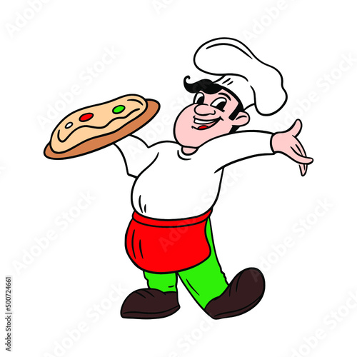 Italian chef with a pizza. Pizzaiolo vector illustration.