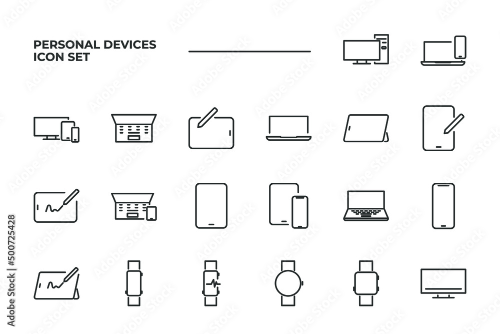 simple set of Personal Devices vector icons with editable line styles covering Tablet, Desktop PC Workstation, Round and Square Smart and other. isolated on white background. simple set of Personal Devices vector icons with editable line styles covering Tablet, Desktop PC Workstation, Round and Square Smart and other. isolated on white background.