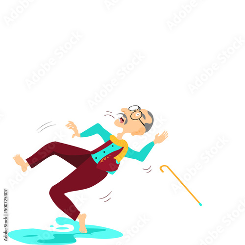 One Older glabrous man falling accident. An Elderly grey hair man  Slippery because stepping on slippery ground on white background.Vector isolate flat cartoon characters design concept for Healthcare