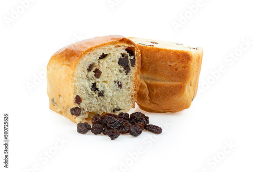 Black raisin bread on white background