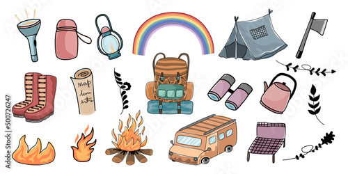Camping and adventure set vector elements Designed in doodle style For decorations, stickers, fabric patterns, camping and adventure themed decorations, summer, pillow patterns, mugs, art for kids etc