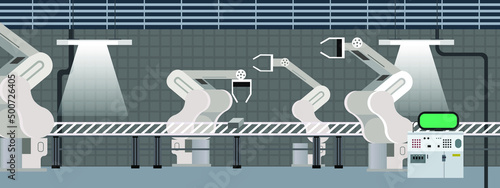 Industrial interior of factory with line conveyor and robots machinery horizontal banner and background flat vector illustration