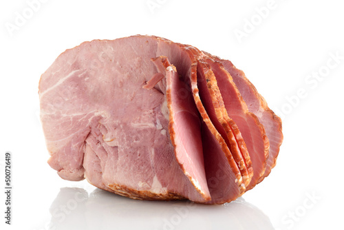 Applewood Smoked Spiral Sliced Bone In Half Ham on a white background