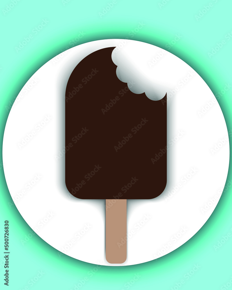 Ice cream on a stick. Chocolate ice cream. Refreshing cold bitten ice cream on a stick. Sweetness from milk Ice cream on a stick. Chocolate ice cream. Refreshing cold bitten ice cream on a stick. Sweetness from milk