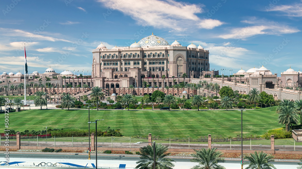 Abu Dhabi, United Arab Emirates - February 2022: Emirates Palace Hotel in downtown Abu Dhabi. Five stars Emirates Palace is one of the most expensive hotels in Arab Emirates.