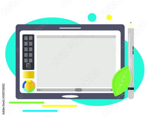タブレット 液晶タブ。お絵かきソフト・アプリ デジタルイラスト グラフィックソフト、ペイントツール。ベクターイラスト