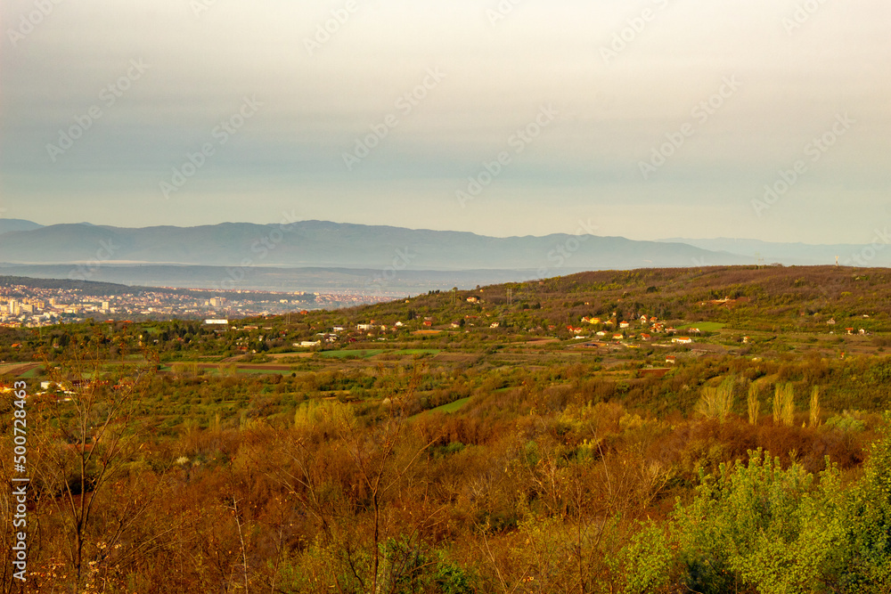 Panorama from the vicinity of Nis, Serbia. Beautiful spring morning in Gornji Matejevac. At sunrise.