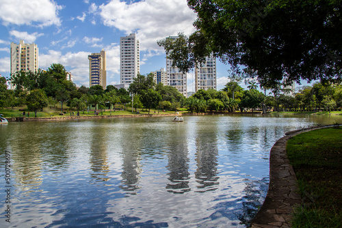 Detalhe do Lago das Rosas com pedalinhos para as pessoas se divertirem. O Lago das Rosas está localizado em um parque público na cidade de Goiânia em Goiás.