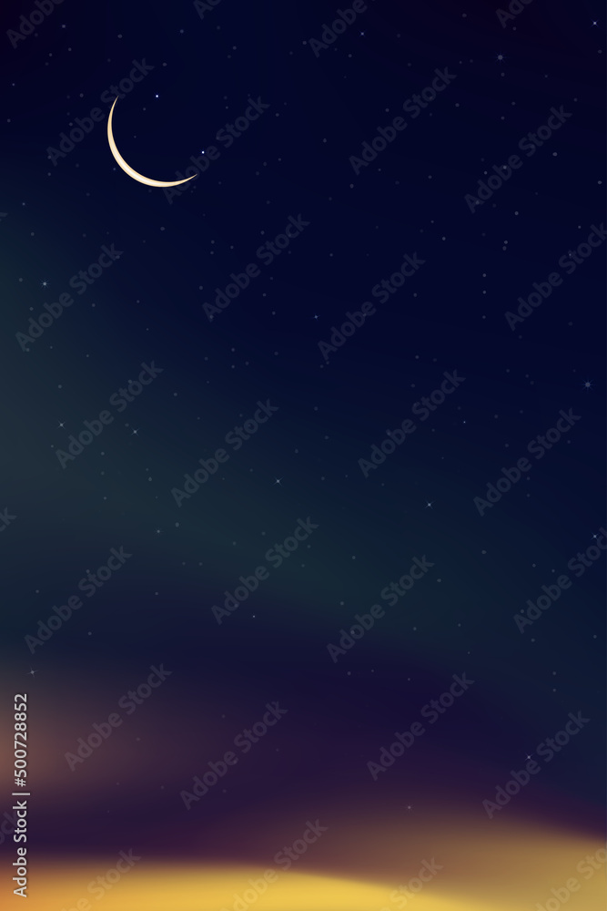 Islamic greeting Ramadan Kareem card design background with Crescent moon on colourful sunset sky background,Vector religions symbolic of Muslim for Ramadan Kareem,Eid Mubarak, Eid al adha.Eid al fitr Islamic greeting Ramadan Kareem card design background with Crescent moon on colourful sunset sky background,Vector religions symbolic of Muslim for Ramadan Kareem,Eid Mubarak, Eid al adha.Eid al fitr