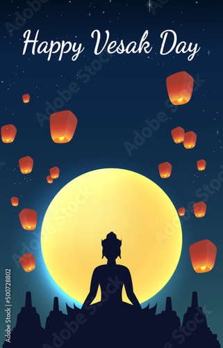 Vesak Day Creative Concept for Card or Banner. Vesak Day is a holy day for Buddhists. Happy Buddha Day with Siddhartha Gautama Statue Design Vector Illustration