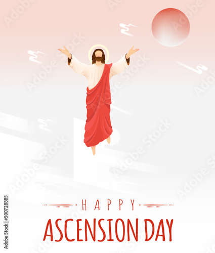 Happy Ascension Day Design with Jesus Christ in Heaven Vector Illustration.  Illustration of resurrection Jesus Christ. Sacrifice of Messiah for humanity redemption. 
