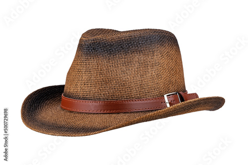 Straw hat with brown stripe and buckle on white background. Straw hat for men.