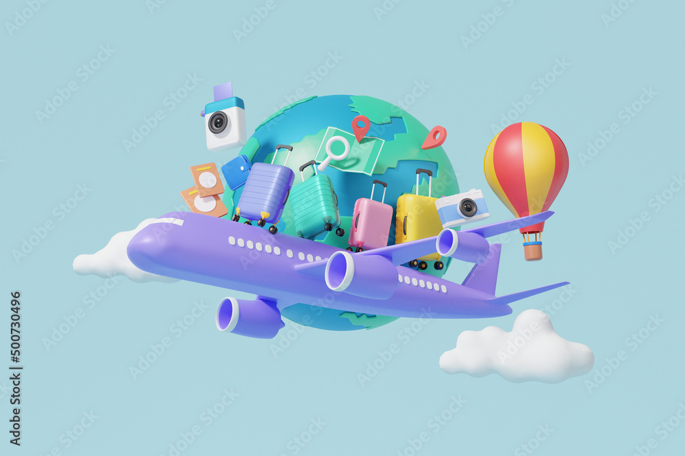 Leisure touring holiday summer concept. Minimal cartoon. travel worldwide  Tourism airplane trip planning world tour with location suitcase. 3d render  illustration Stock Illustration | Adobe Stock