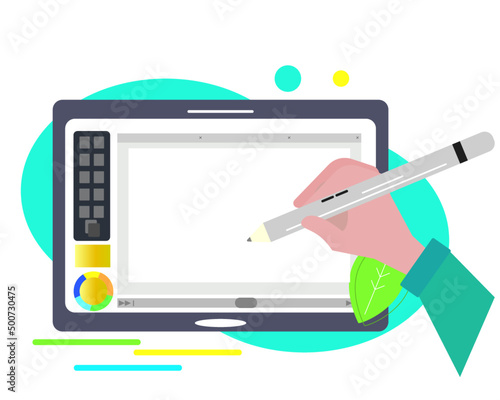 タブレット 液晶タブ。ペンを持って、イラストを描く。絵を描く。お絵かきソフト・アプリ。ベクターイラスト