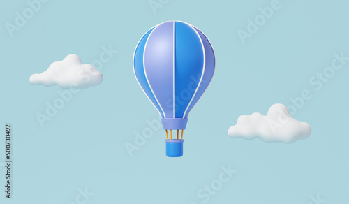 Fototapeta Naklejka Na Ścianę i Meble -  One hot air balloon and clouds floating on sky blue background Tourism leisure touring holiday summer concept. minimal cartoon cute smooth. 3d render illustration
